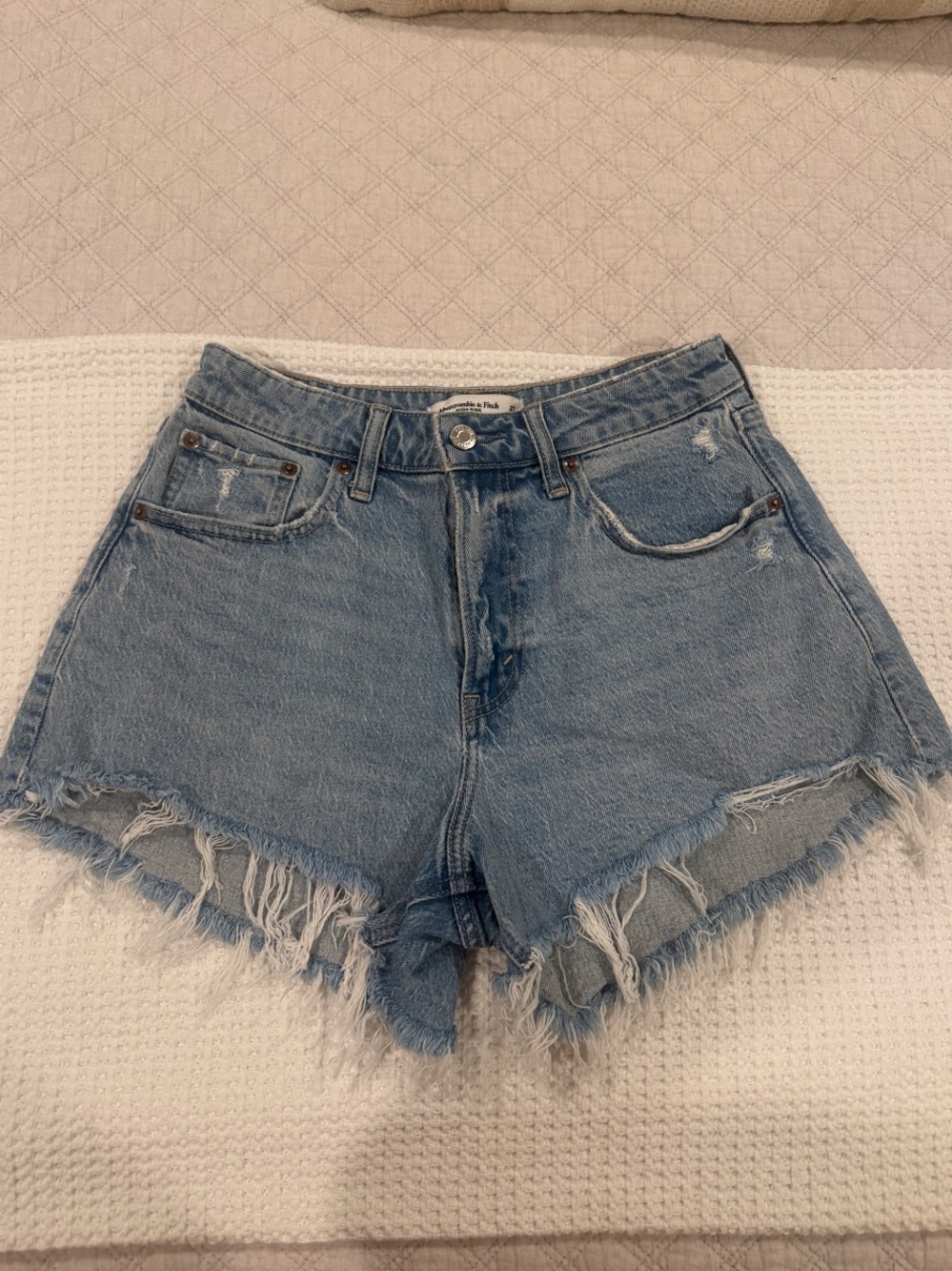 Abercrombie & Fitch Light Blue High-Rise Distressed Denim Shorts - Curve Love